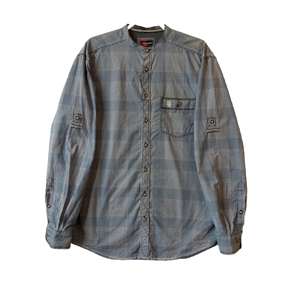 Sonnenalp Orig Trachten Gingham Checkered Collarless Roll Tab Sleeve Shirt L